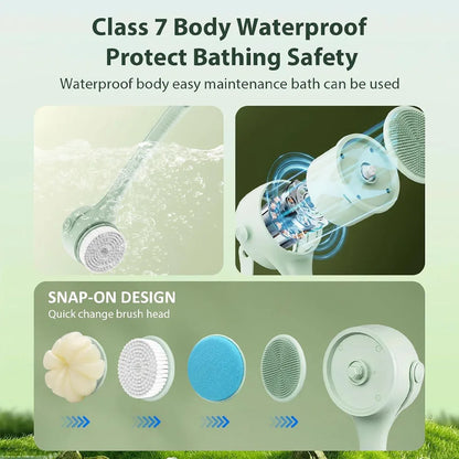 Electric Body Brush with 4 Heads,Back Scrubber for Shower, Waterproof Long Dual Handle Power Body Scrubber, Bath Brush for Clean