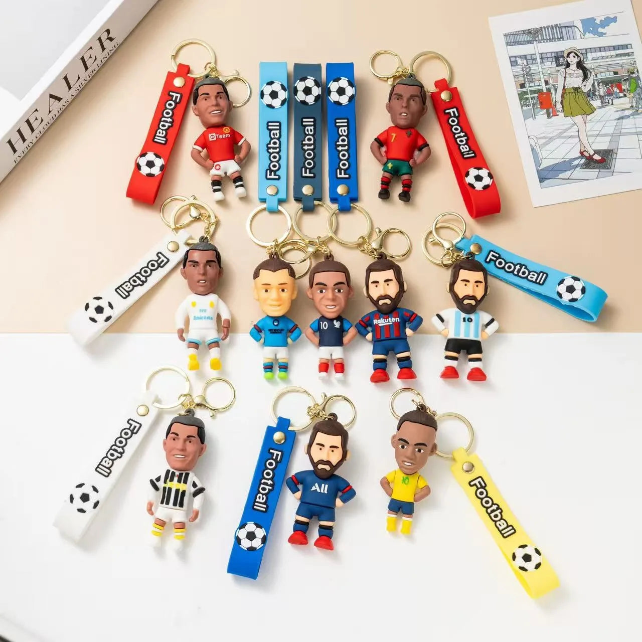 6pack pcv Football Figure Keychain Jewelry Bag Pendent Keyring Collection Doll Car Ornaments Key Accessories Souvenir