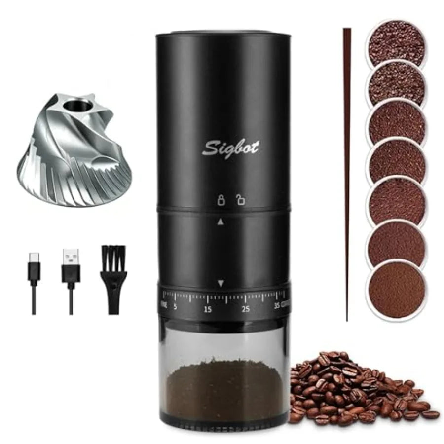 Portable Electric Coffee Grinder - 38 Grind Settings, Conical Burr and Black Stainless Steel Body, Rechargeable Mill for Espres