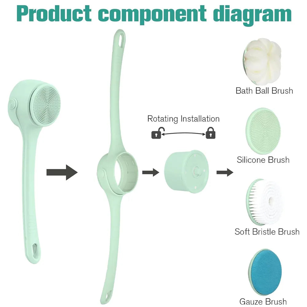 Electric Body Brush with 4 Heads,Back Scrubber for Shower, Waterproof Long Dual Handle Power Body Scrubber, Bath Brush for Clean