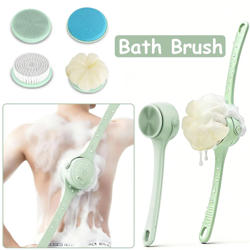 Electric Body Brush with 4 Heads,Back Scrubber for Shower, Waterproof Long Dual Handle Power Body Scrubber, Bath Brush for Clean