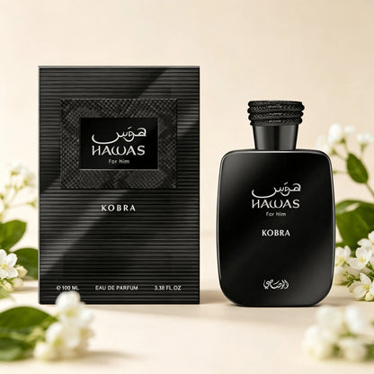 Hawas Kobra Men EDP Perfume Smoky Rich Oud Wood Scent Braided Black Rope Cap Matte Black Textured Box Luxury Arabian Gift Perfume for Him