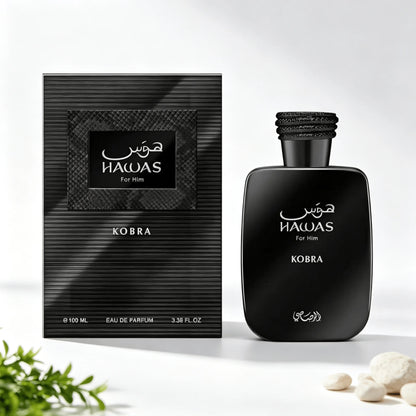 Hawas Kobra Men EDP Perfume Smoky Rich Oud Wood Scent Braided Black Rope Cap Matte Black Textured Box Luxury Arabian Gift Perfume for Him