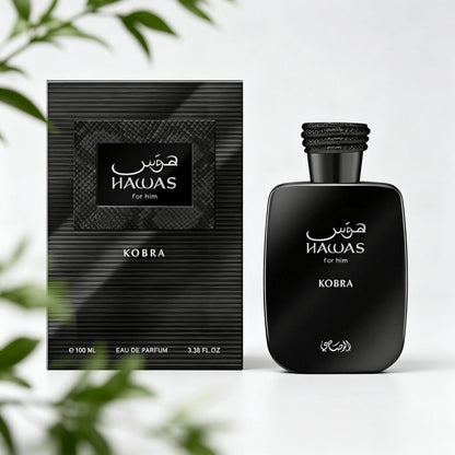 Hawas Kobra Men EDP Perfume Smoky Rich Oud Wood Scent Braided Black Rope Cap Matte Black Textured Box Luxury Arabian Gift Perfume for Him