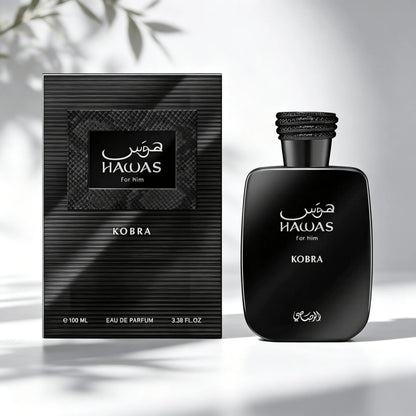 Hawas Kobra Men EDP Perfume Smoky Rich Oud Wood Scent Braided Black Rope Cap Matte Black Textured Box Luxury Arabian Gift Perfume for Him
