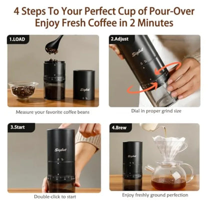 Portable Electric Coffee Grinder - 38 Grind Settings, Conical Burr and Black Stainless Steel Body, Rechargeable Mill for Espres