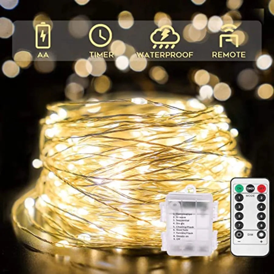 66Feet 200 LED Outdoor String Lights, Fairy Lights Battery Operated with Remote, Twinkle Lights Battery Operated for Bedroom, D