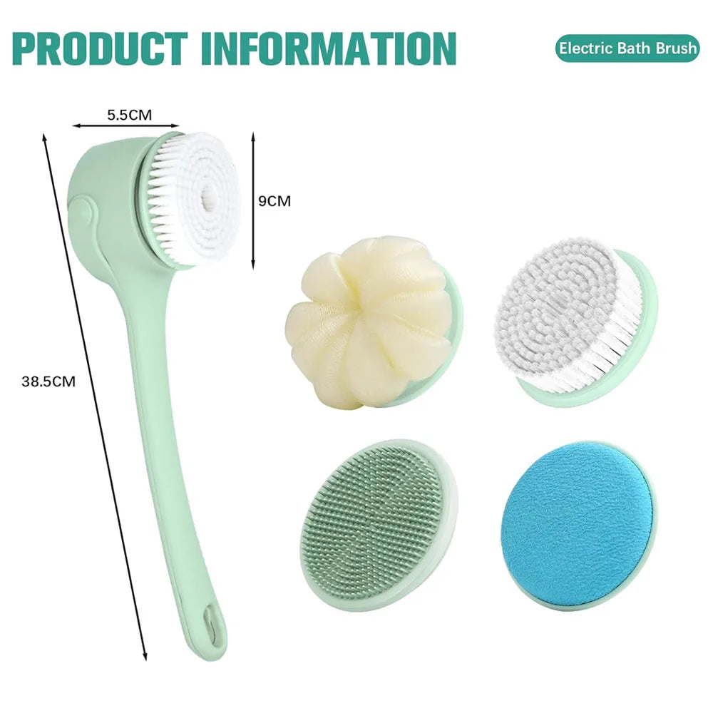 Electric Body Brush with 4 Heads,Back Scrubber for Shower, Waterproof Long Dual Handle Power Body Scrubber, Bath Brush for Clean