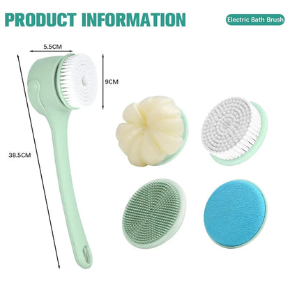 Electric Body Brush with 4 Heads,Back Scrubber for Shower, Waterproof Long Dual Handle Power Body Scrubber, Bath Brush for Clean