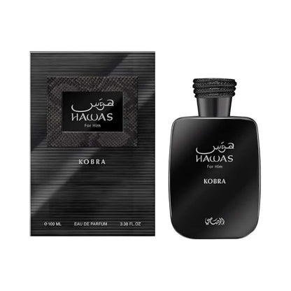 Hawas Kobra Men EDP Perfume Smoky Rich Oud Wood Scent Braided Black Rope Cap Matte Black Textured Box Luxury Arabian Gift Perfume for Him