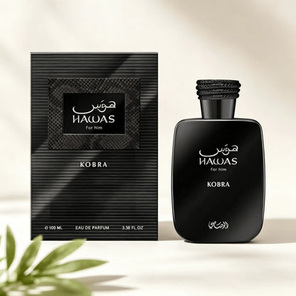 Hawas Kobra Men EDP Perfume Smoky Rich Oud Wood Scent Braided Black Rope Cap Matte Black Textured Box Luxury Arabian Gift Perfume for Him